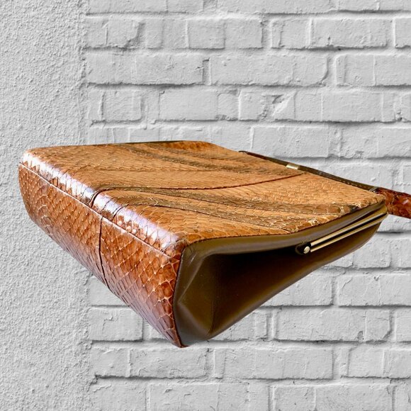 Vintage Snakeskin Handbag Structured Top Handle Clasp Purse Pocketbook - Picture 7 of 13